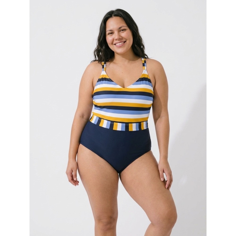 Women's Kona Sol Striped Criss Cross Back One Piece Swimsuit Navy Yellow 16W EUC